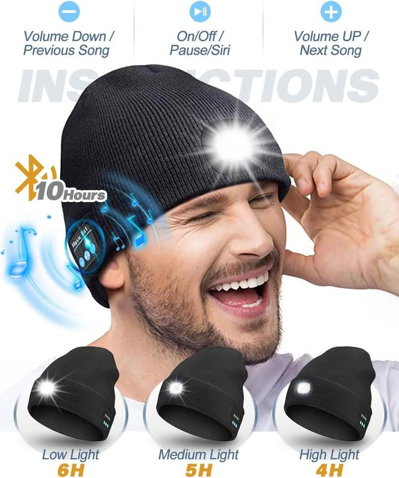 Bluetooth Beanie with Light, Unisex USB Rechargeable 4 LED Fashlight Hat with Cordless Headphones, Unique Christmas Birthday Gifts for Men Husband Teen Warm Beany Knit Balaclava Outdoor Activities Skull Cap Cycling Spider Web Sport Lightweight Sweat