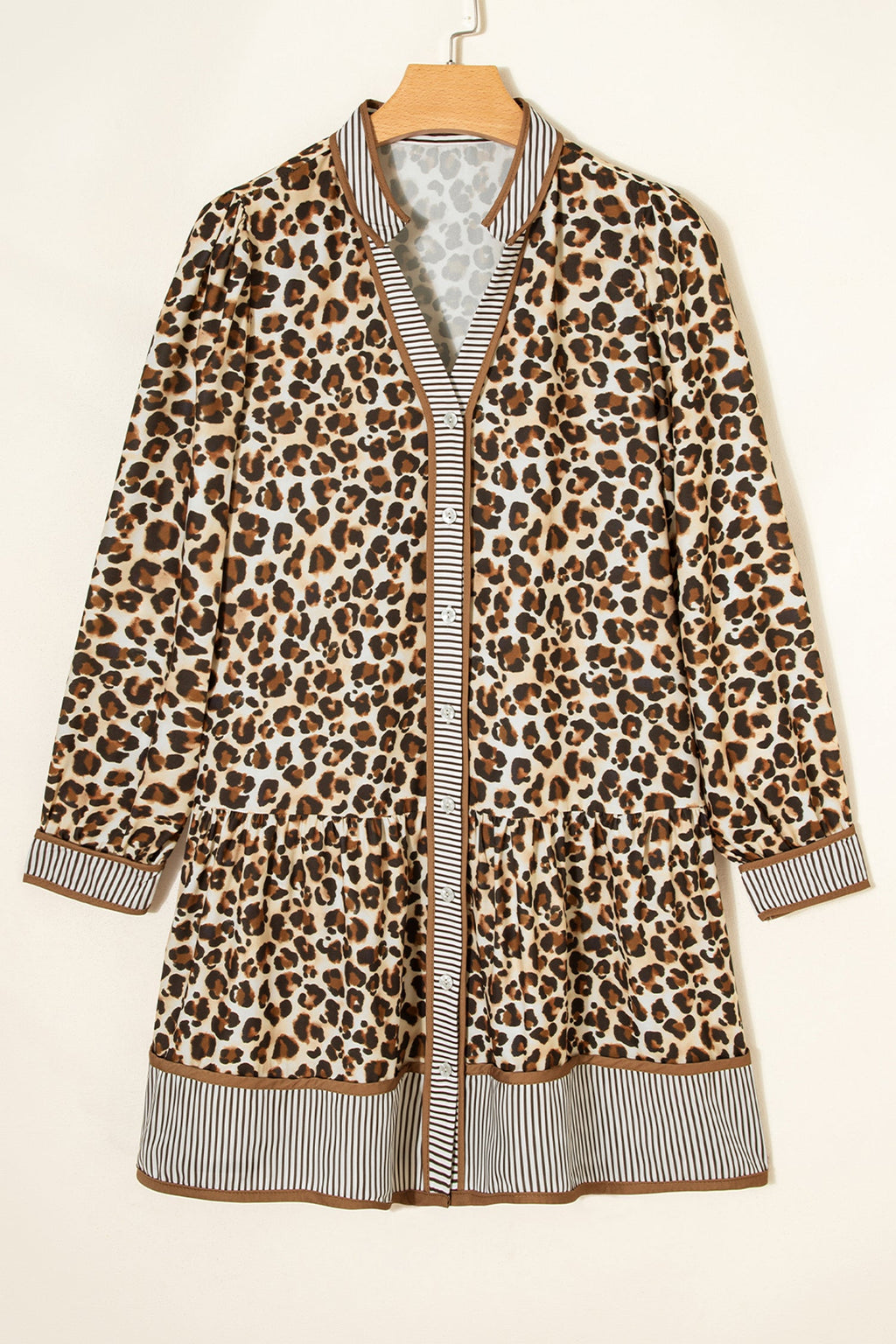 Brown Leopard Print Striped Patchwork 3/4 Sleeve Loose Mini Dress