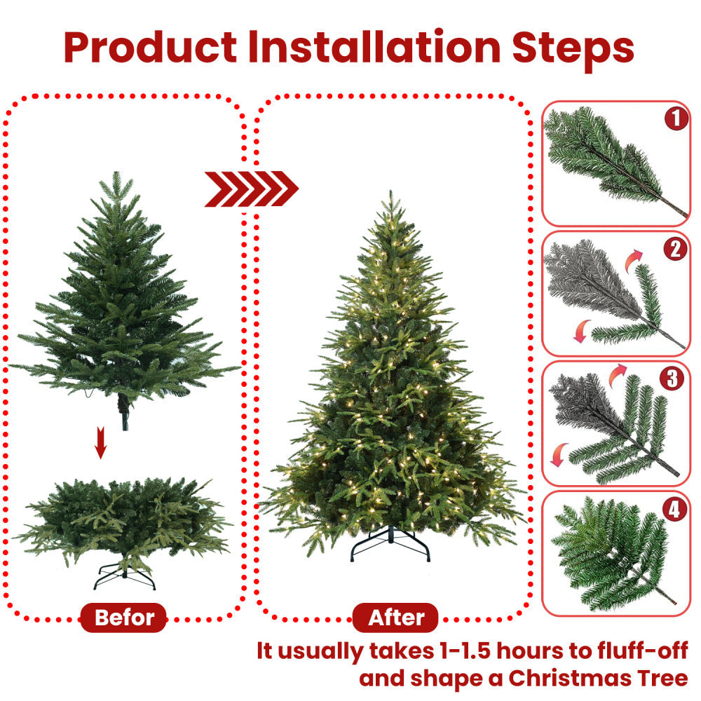 6.5 FT Pre-Lit Artificial Christmas Tree with 450 Warm White Lights | 2225-Tip PE+PVC Hinged Pine with Memory Wire Branches & Foldable Stand