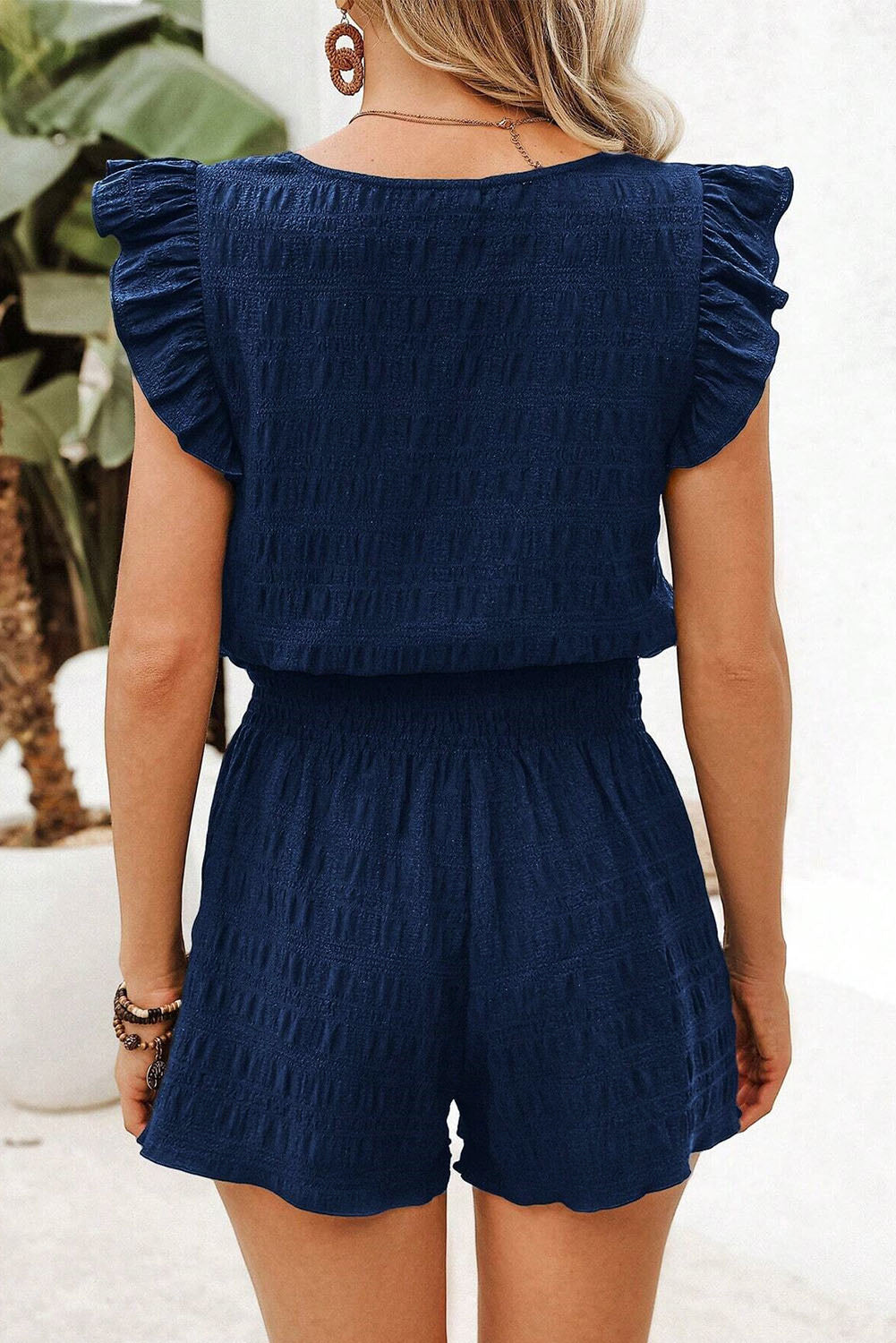 Dirty Blue Textured Square Neck Top and Shirred High Waist Shorts Set