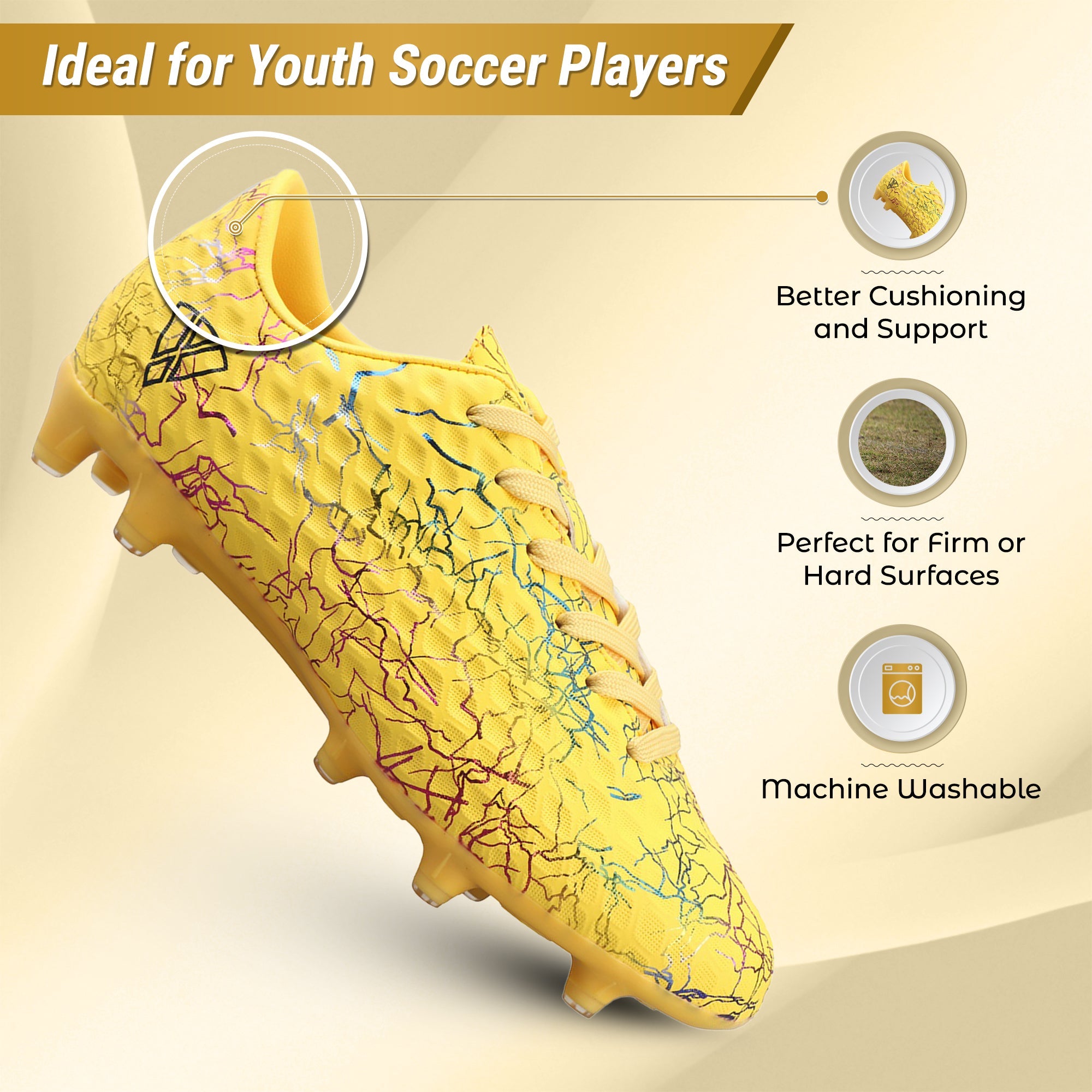 Vizari Zodiac JR Kids Firm Ground (FG) Soccer Cleats – Yellow, Youth Sizes 8C–6Y