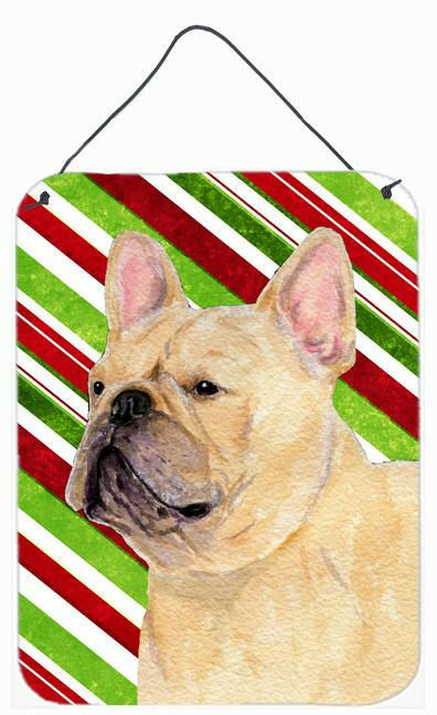 French Bulldog Candy Cane Holiday Christmas Wall or Door Hanging Prints Aluminum Metal Sign Kitchen Wall Bar Bathroom Plaque Home Decor Front Door Plaque, 12x16, Multicolor