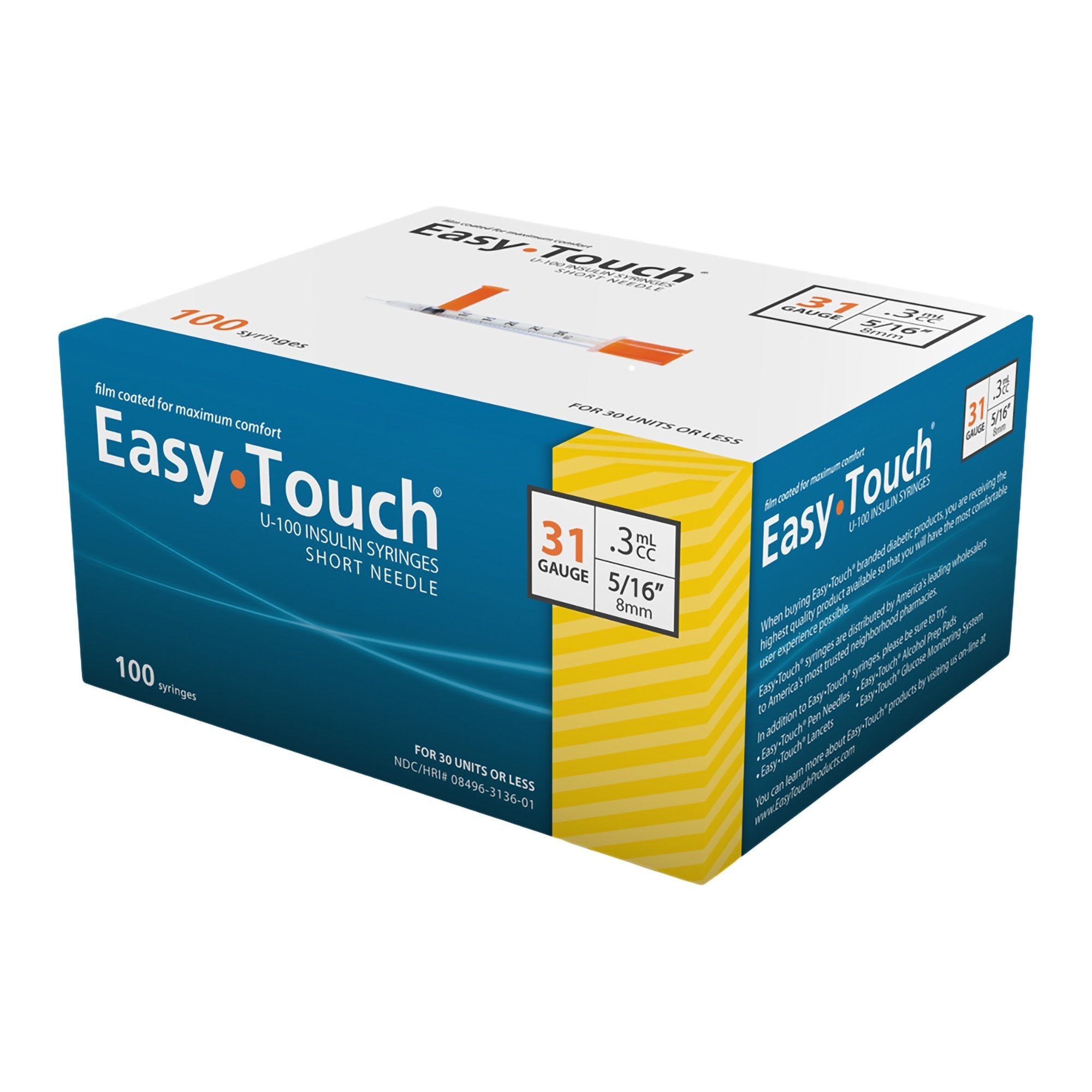 EasyTouch™ Standard 0.3 mL Insulin Syringe with Needle, 31 Gauge, 5/16 Inch 831365