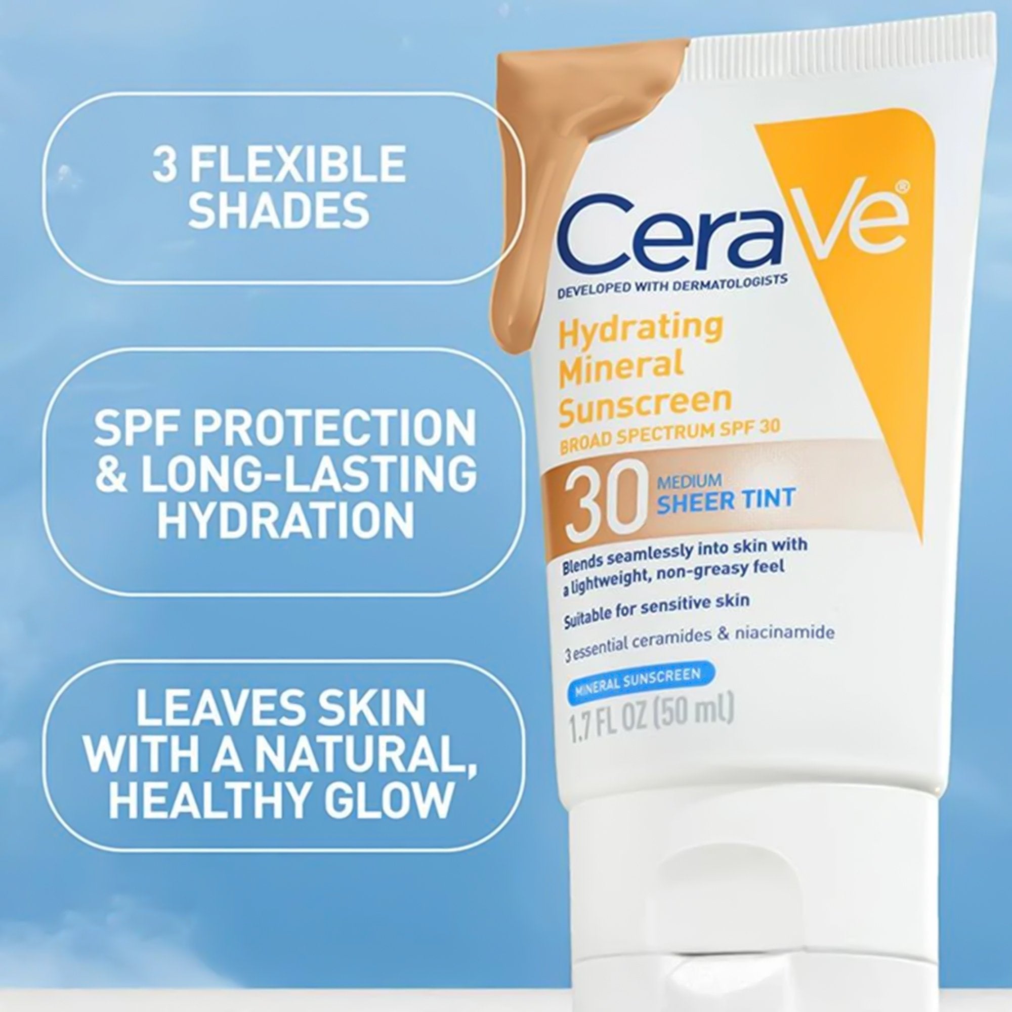 Sunscreen CeraVe® Hydrating Mineral Sunscreen Medium Sheer Tint SPF30 Lotion 1.7 oz. Tube 60600051231
