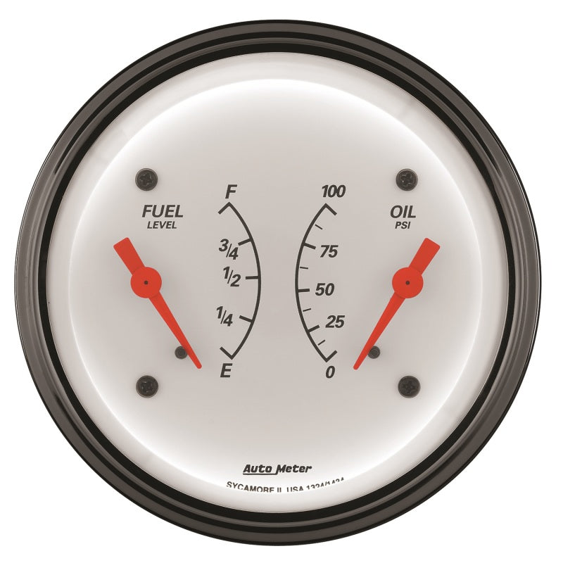AutoMeter Gauge Dual Fuel & Oilp 3-3/8in. 0 Ohm(e) to 90 Ohm(f)& 100PSI Elec Arctic White 1324