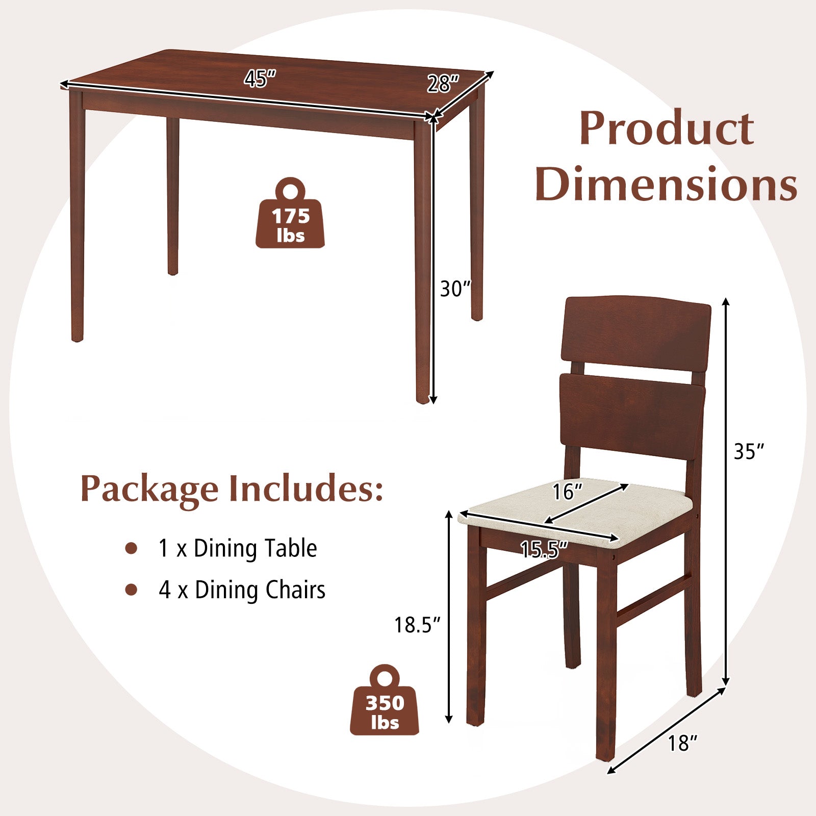 5-Piece Dining Table Set with High Curved Back for 4 People-Walnut