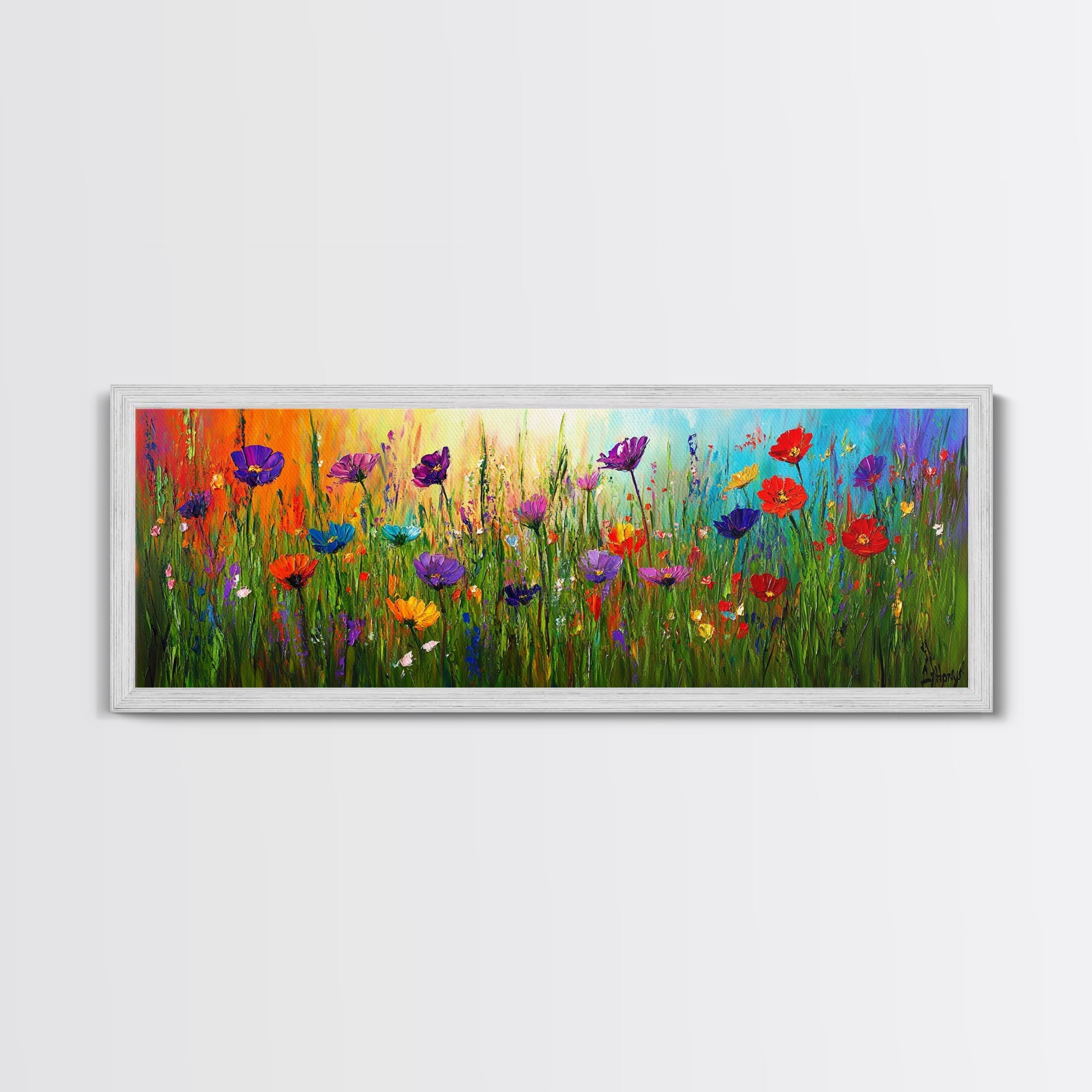 Purple Flowers, Panoramic Floral Print, Framed Canvas Art, Wildflowers Painting Spring Flower Watercolor Art Print, Field of Wildflowers