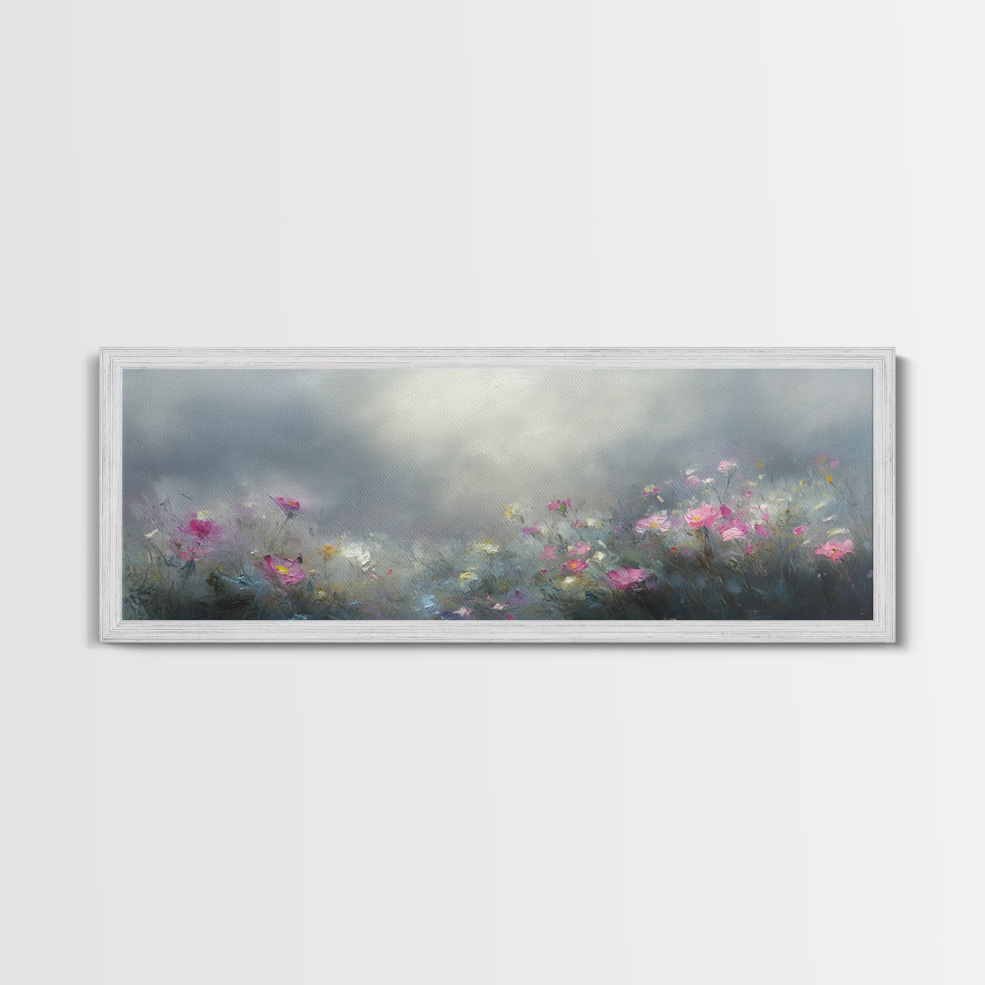 Moody Wild Flowers Under a Cloudy Sky, Panoramic Framed Canvas Print, Nature Decor, Boho Floral Wall Art, Flower Painting Gift For Her