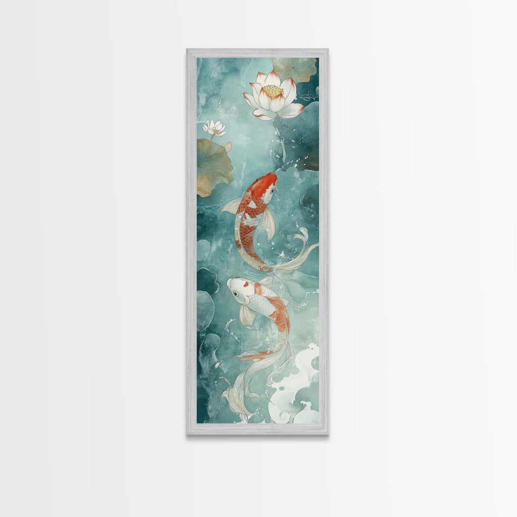 Wabi Sabi Koi Fish Framed Canvas Print, Koi Fish Painting, Elegant Art, Tall Art, Narrow Art, Accent Piece, Japanese Style Art