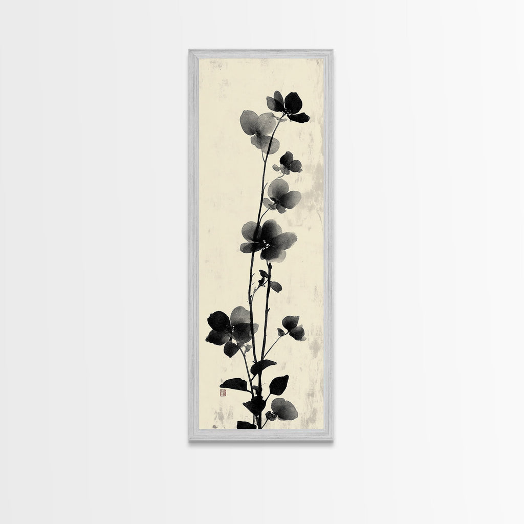 Framed Canvas Print Cherry Blossom Painting Black and White Floral Art, Wabi Sabi Decor, Japanese-Inspired Wall Art, Skinny Canvas Gift