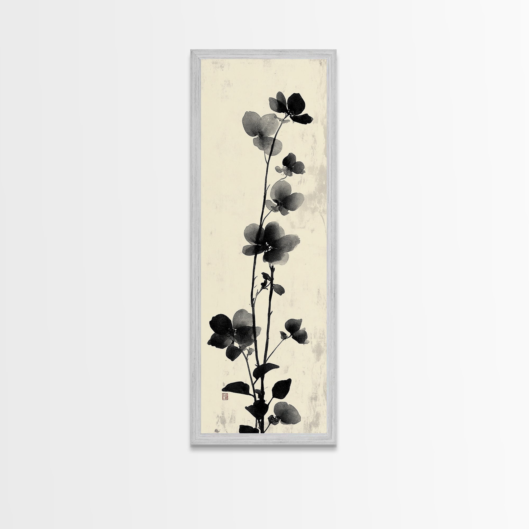 Framed Canvas Print Cherry Blossom Painting Black and White Floral Art, Wabi Sabi Decor, Japanese-Inspired Wall Art, Skinny Canvas Gift