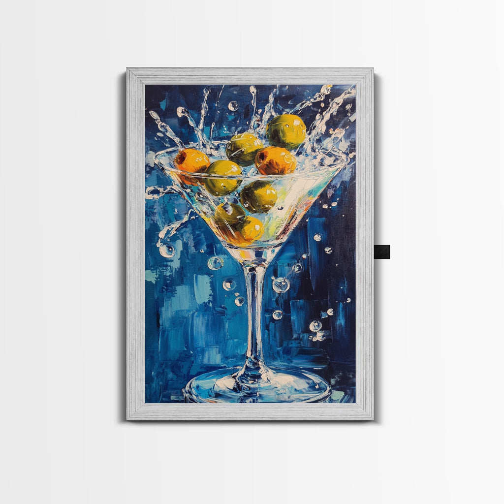 Splashing Olive Martini Canvas Print with Vibrant Cocktail Art, Perfect Bar Decor and Kitchen Wall Art Statement Piece