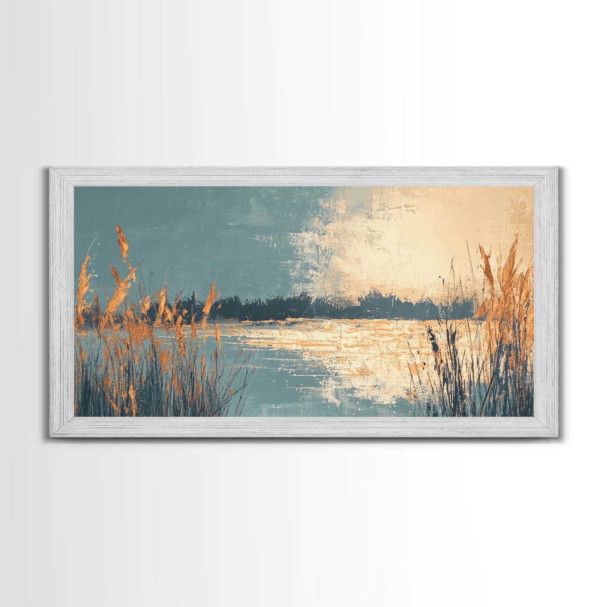 Marsh Landscape, Canvas Print, wabi sabi art, extra wide painting, panoramic wall art, minimalist landscape, soft neutral tones