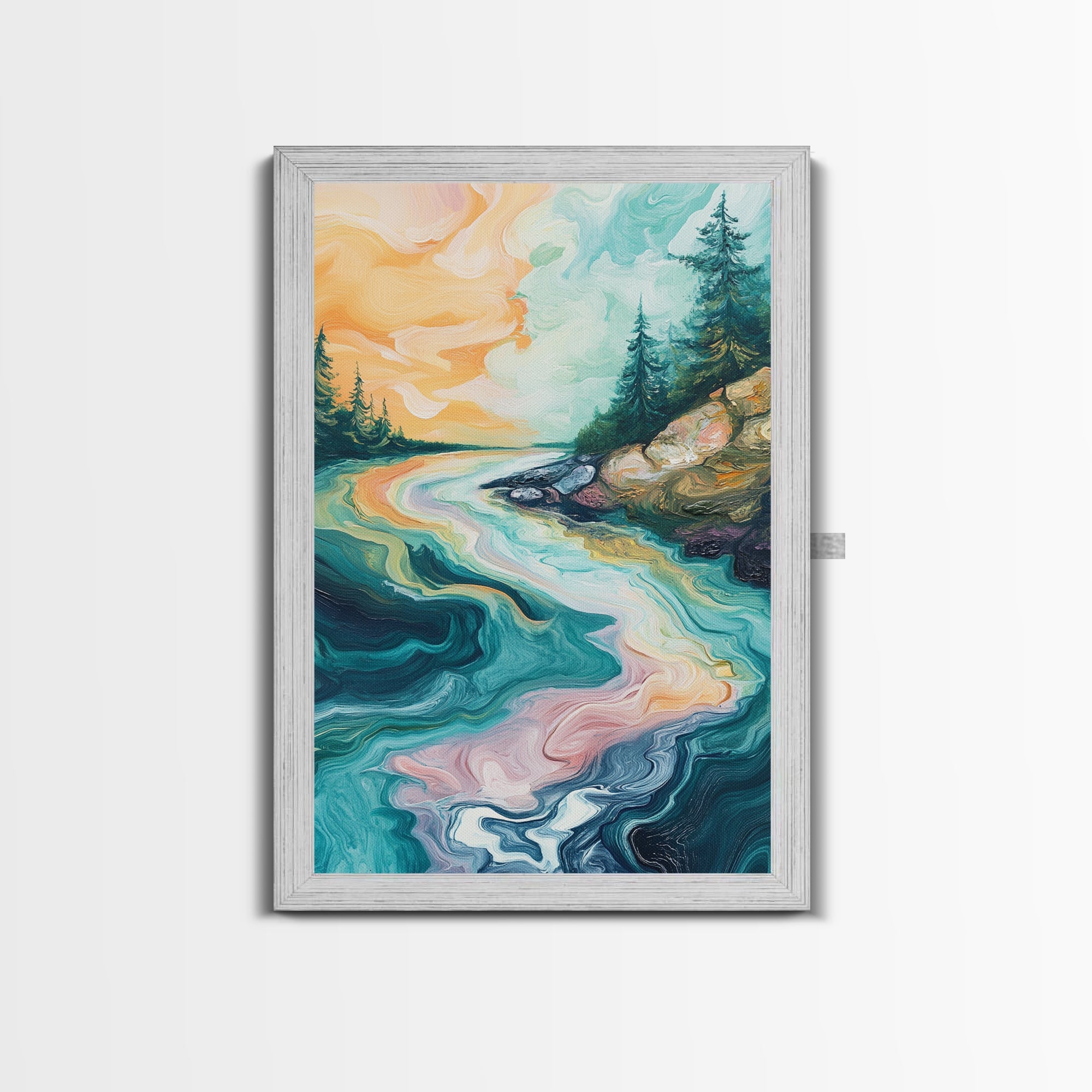 Swirling River Art, Abstract Nature Scene, Dreamy Landscape, Flowing Water, Boho Wall Art, Colorful Decor, Canvas Print
