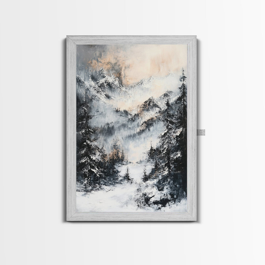 Snowy Mountain Scene Canvas Print Winter Wonderland Wall Art, Alpine Landscape Painting, Cozy Cabin Decor, Neutral Holiday Artwork