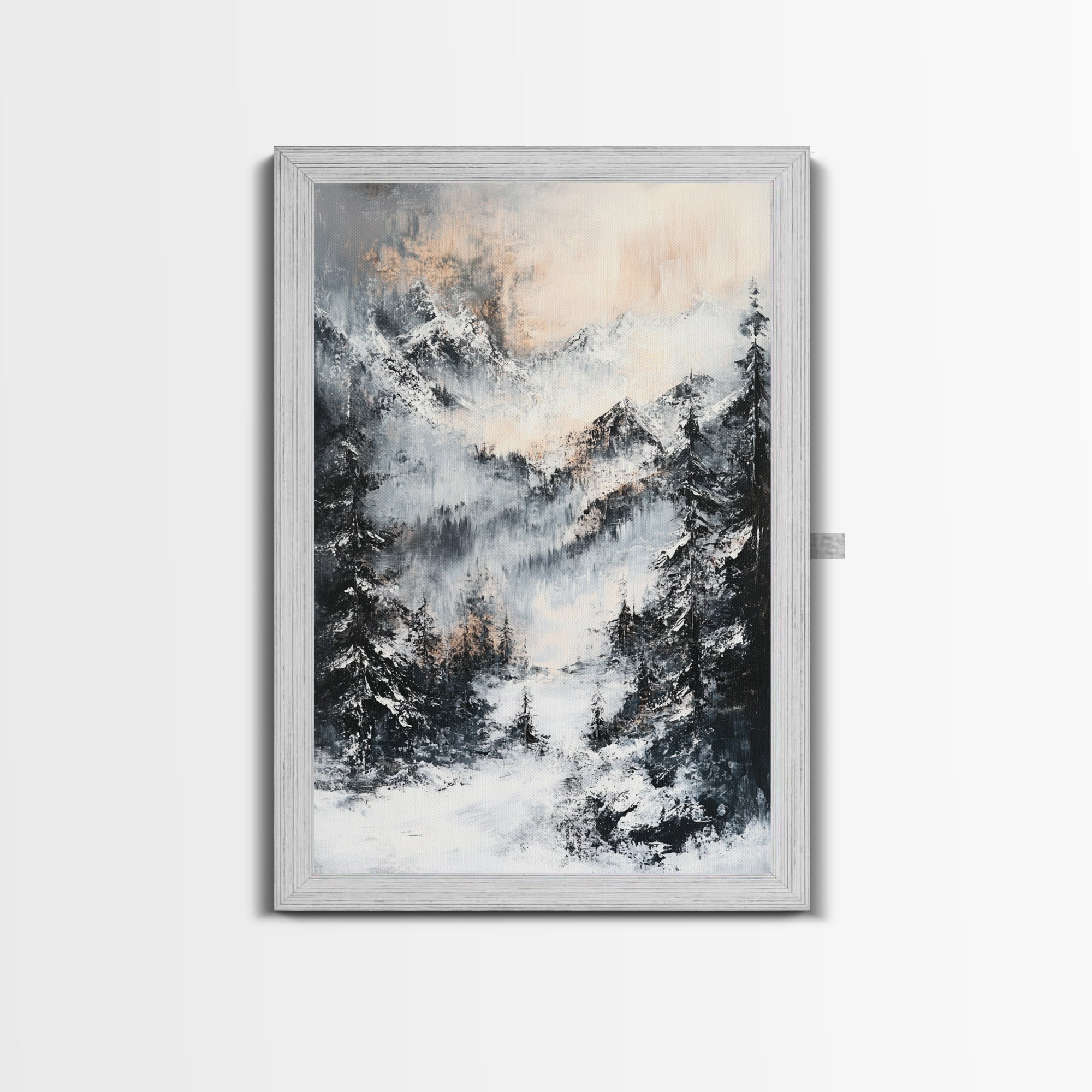 Snowy Mountain Scene Canvas Print Winter Wonderland Wall Art, Alpine Landscape Painting, Cozy Cabin Decor, Neutral Holiday Artwork