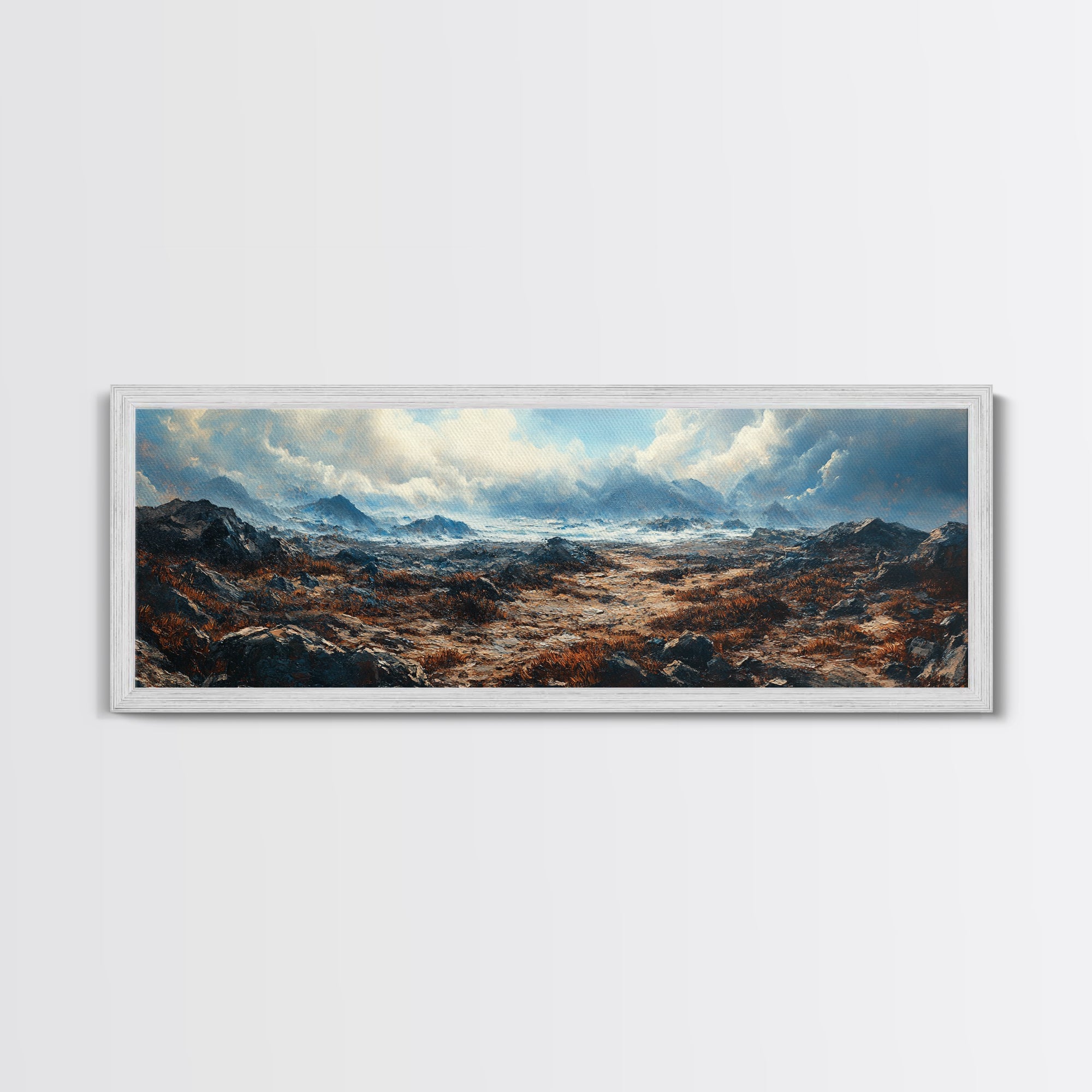 Moody Mountain Landscape Framed Canvas Print Dramatic Nature Art, Rustic Cabin Decor, Stormy Sky Painting, Wilderness Wall Art
