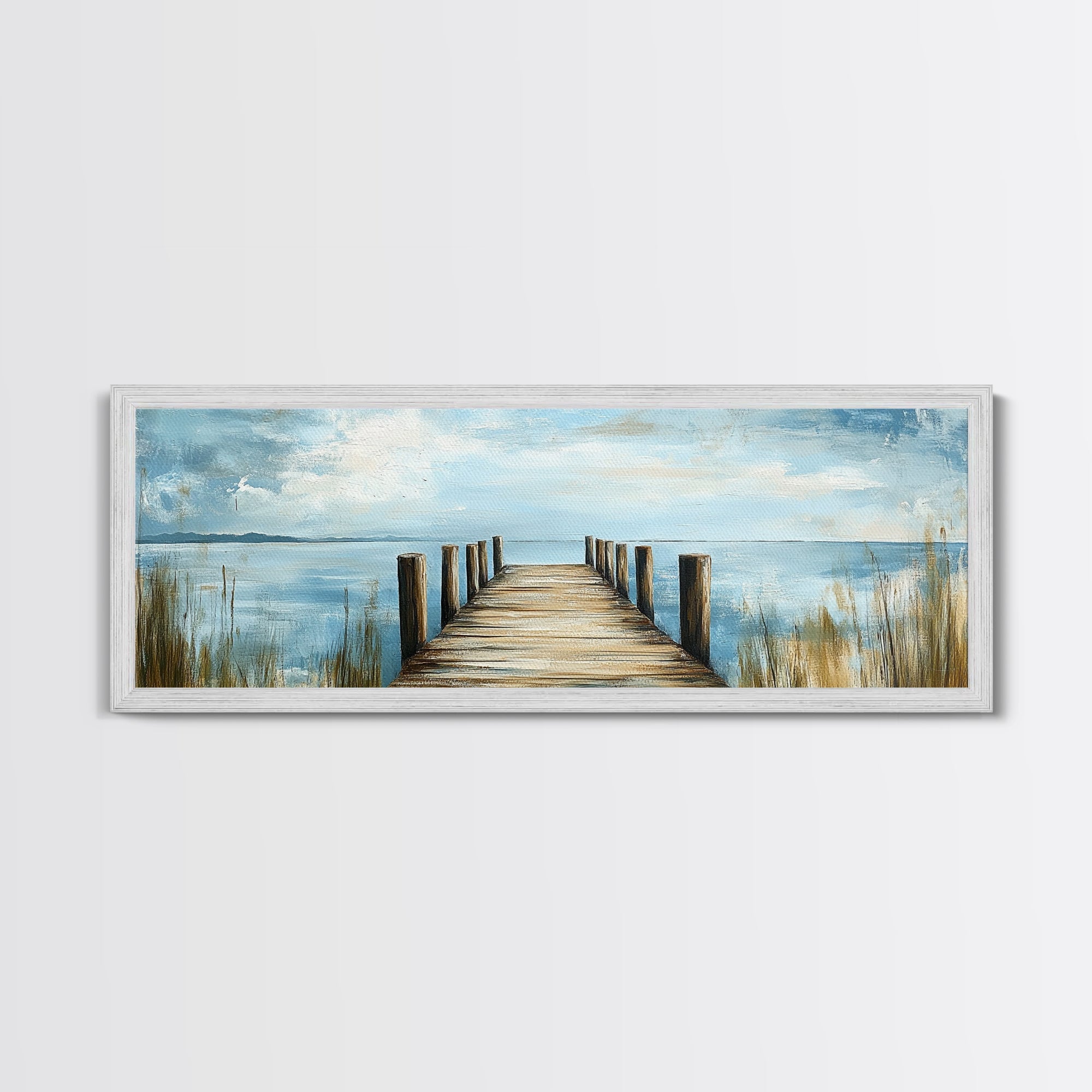 Lake Dock, Peaceful Water Scene, Serene Landscape, Rustic Nature Painting, Minimalist Home Decor, Canvas Print, Framed Canvas Print