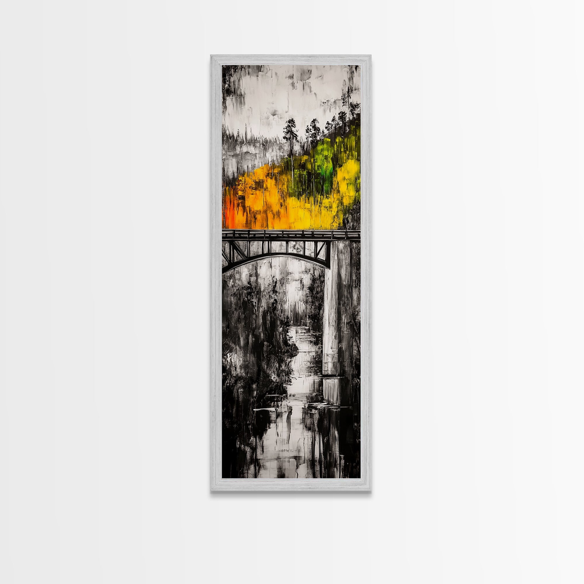 Forest Bridge, Fall Foliage, Rustic Nature Art, Woodland Pathway, Scenic Travel Decor, Living Room Wall Art, Framed Canvas Print