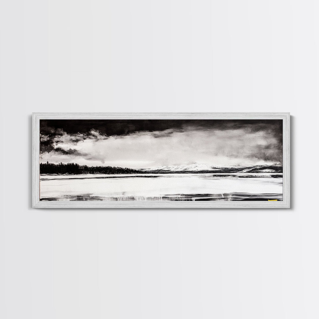 Snowy Lake Scene, Minimalist Landscape, Framed Canvas Print, Winter Wall Art, Serene Home Decor, Modern Office Art, Monochrome Nature Painting