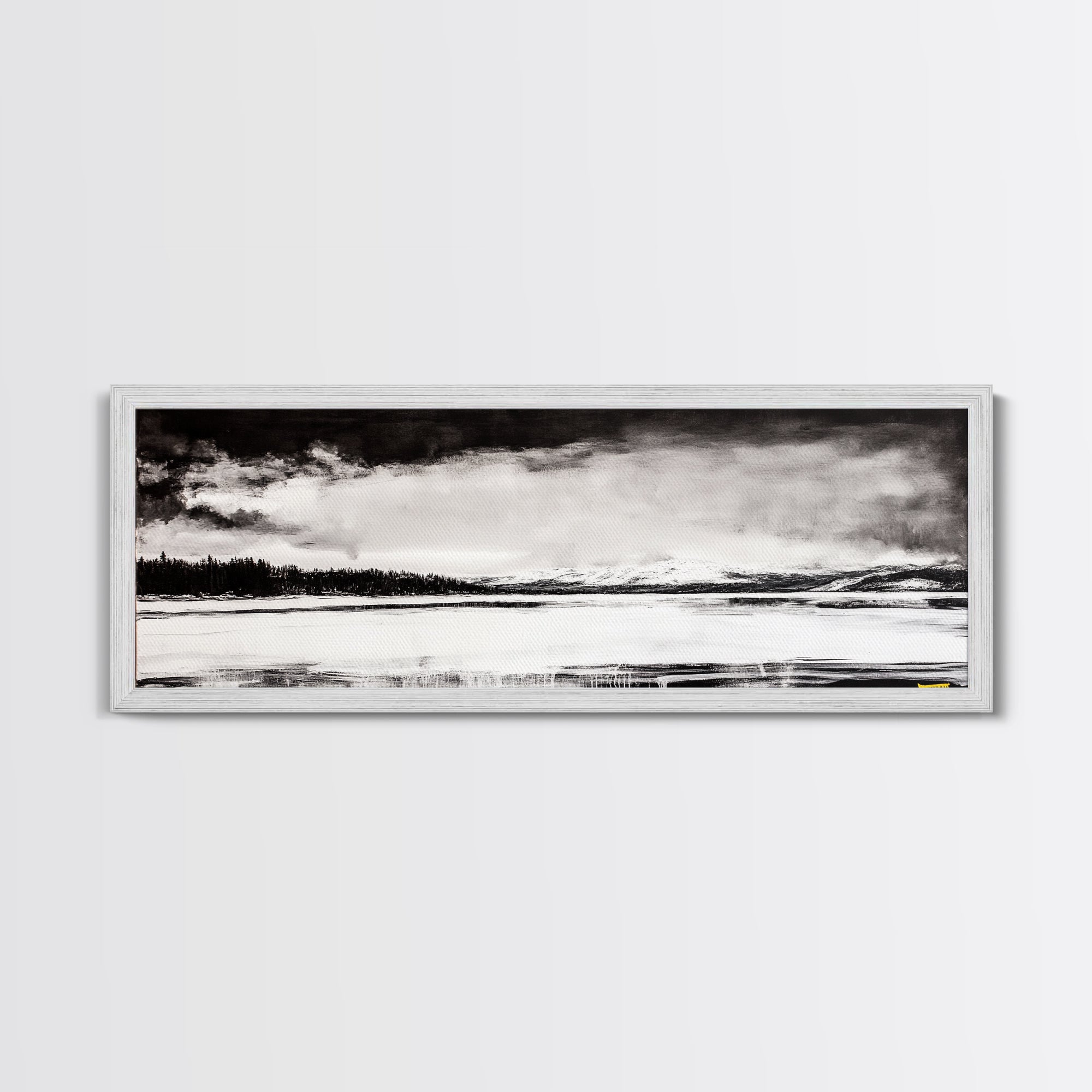 Snowy Lake Scene, Minimalist Landscape, Framed Canvas Print, Winter Wall Art, Serene Home Decor, Modern Office Art, Monochrome Nature Painting