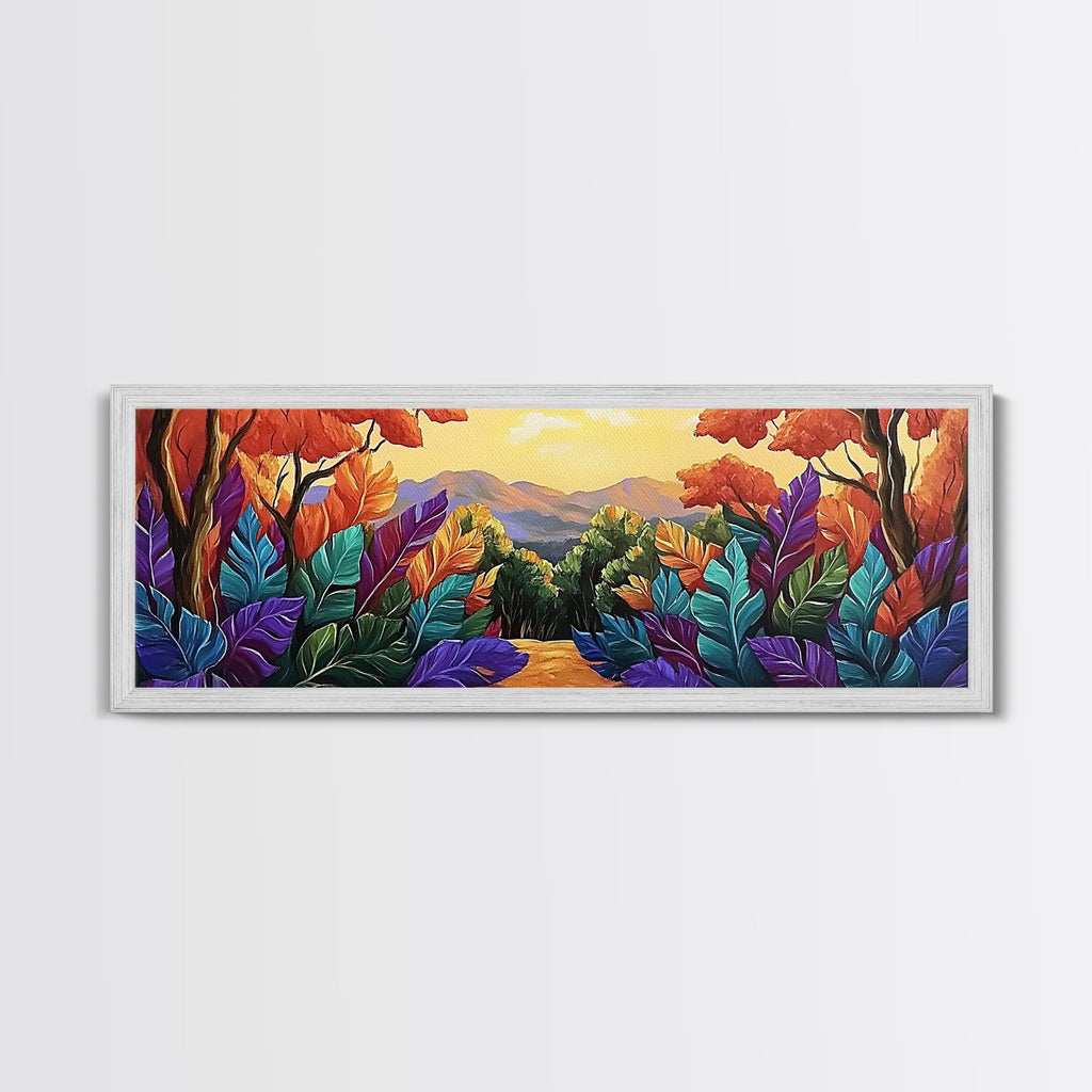 Autumn Forest Path, Colorful Fall Foliage Trail, Vibrant Nature Design, Framed Canvas Print, Cozy Hallway Art, Fall Living Room