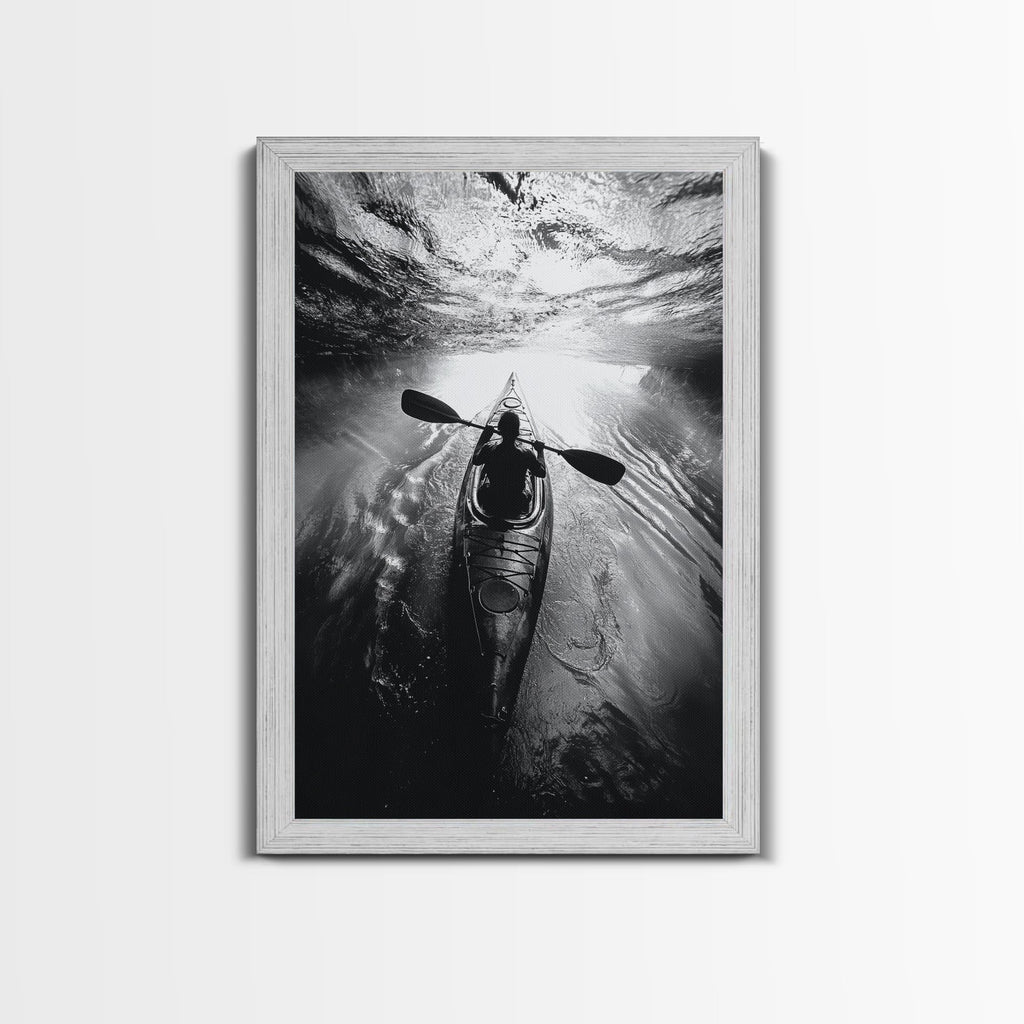Kayaking Exploration, River Reflections, Adventure Sport, Framed Canvas Print, Office Wall Art, Moody Travel Photography, Nature Wall Decor