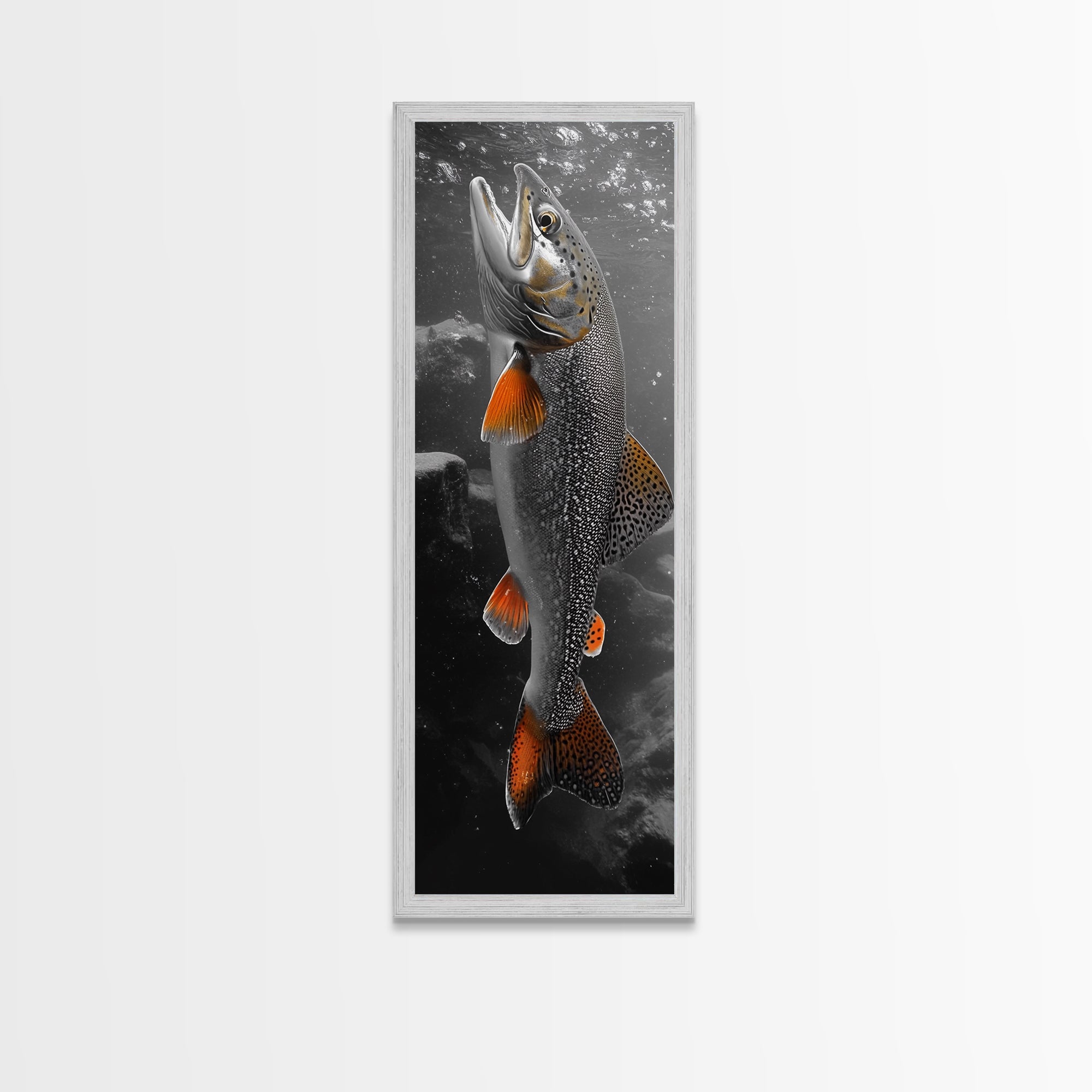 Trout Fishing Print, Underwater Scene, Orange Fins Fish, Rustic Wildlife, Framed Canvas Print, Cabin Decor, Man Cave Wall Art