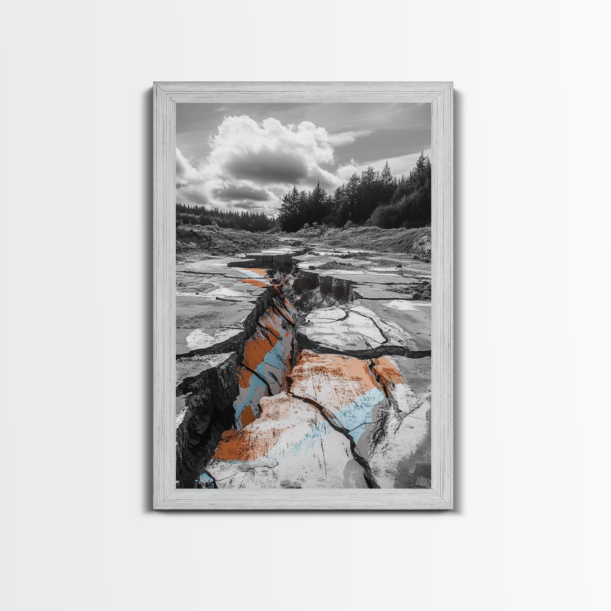 Cracked Earth, Desert Scene, Color Splash Photography, Framed Canvas Print, Modern Nature Wall Art, Industrial Decor, Earth Tones