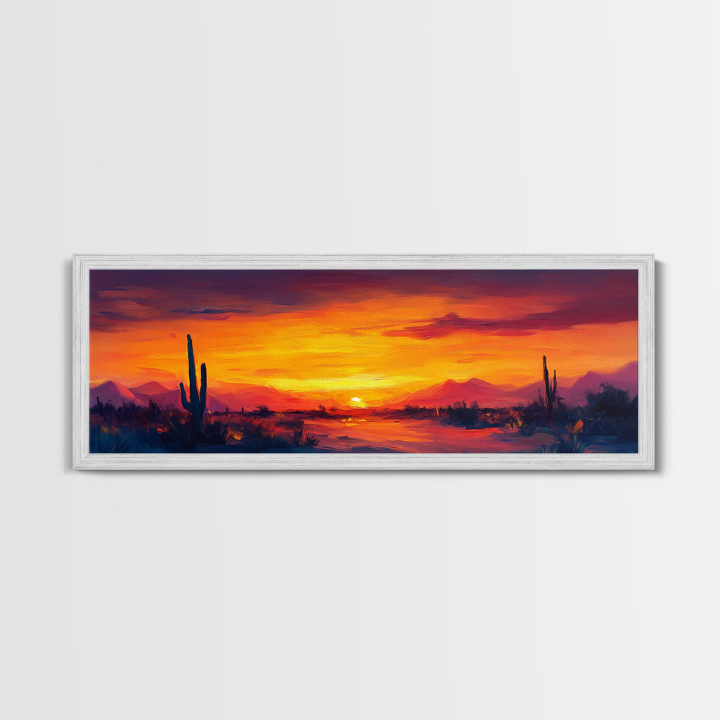 Sunset Cactus Art, southwest wall art, desert landscape painting, extra wide art, panoramic painting, framed canvas print, rustic decor, horizontal wall art