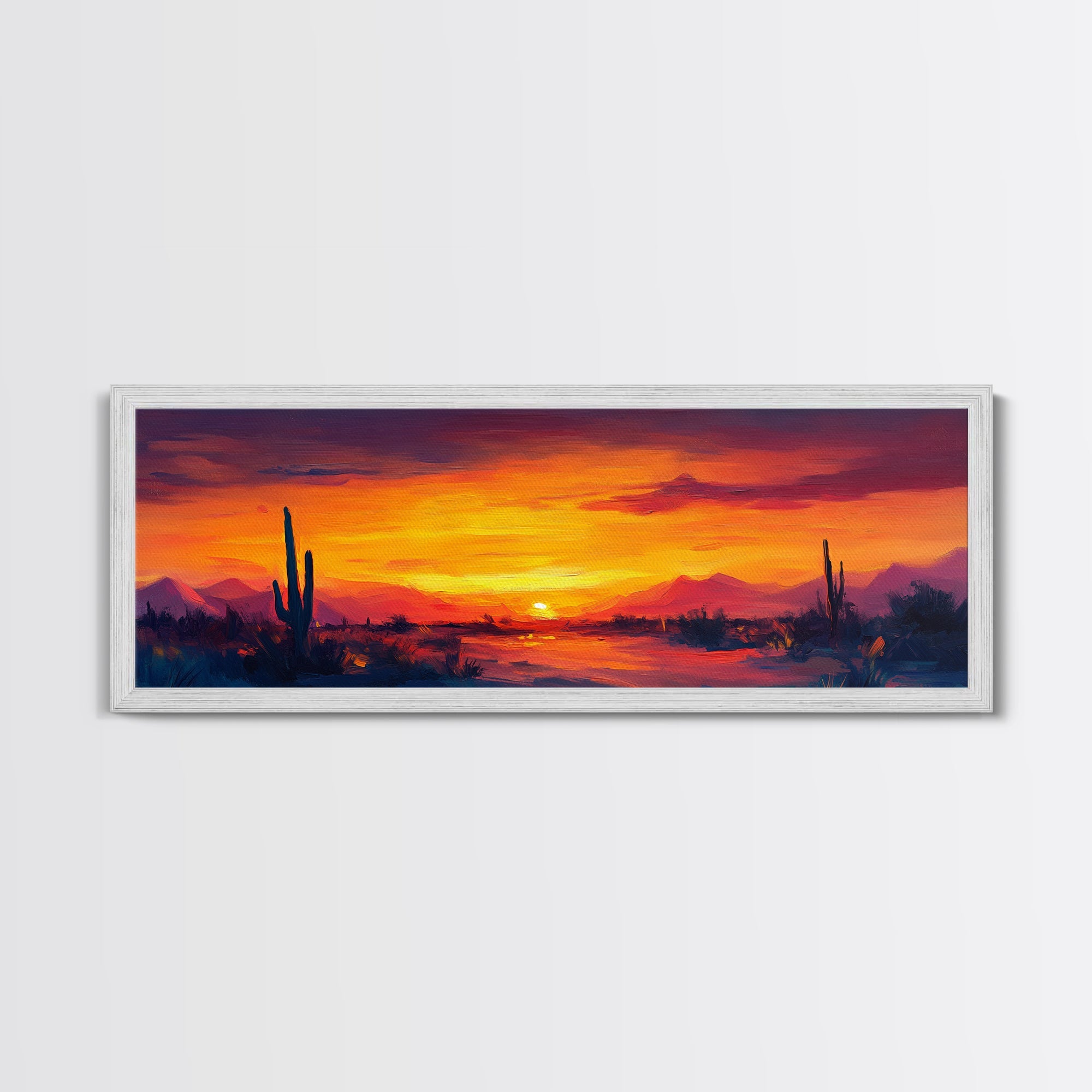 Sunset Cactus Art, southwest wall art, desert landscape painting, extra wide art, panoramic painting, framed canvas print, rustic decor, horizontal wall art