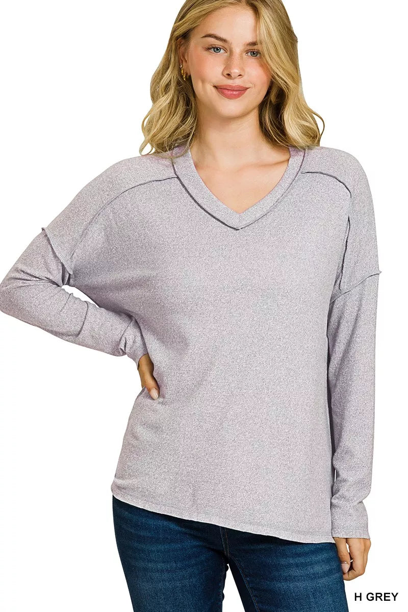 Zenana Soft Melange Hacci Exposed Seam Hi-low Tee