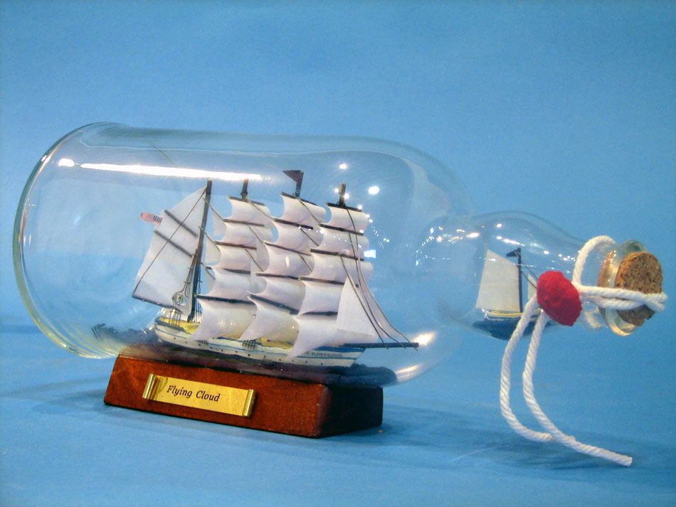 Blue Flying Cloud Ship in a Glass Bottle 11""