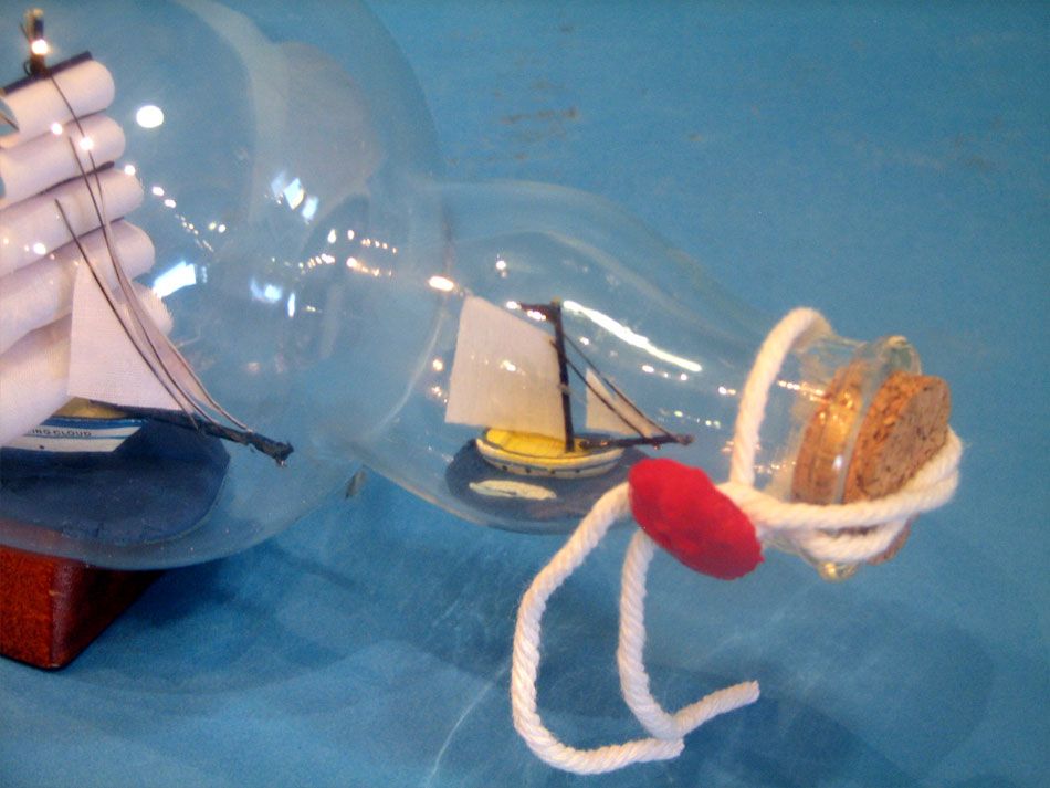 Blue Flying Cloud Ship in a Glass Bottle 11""