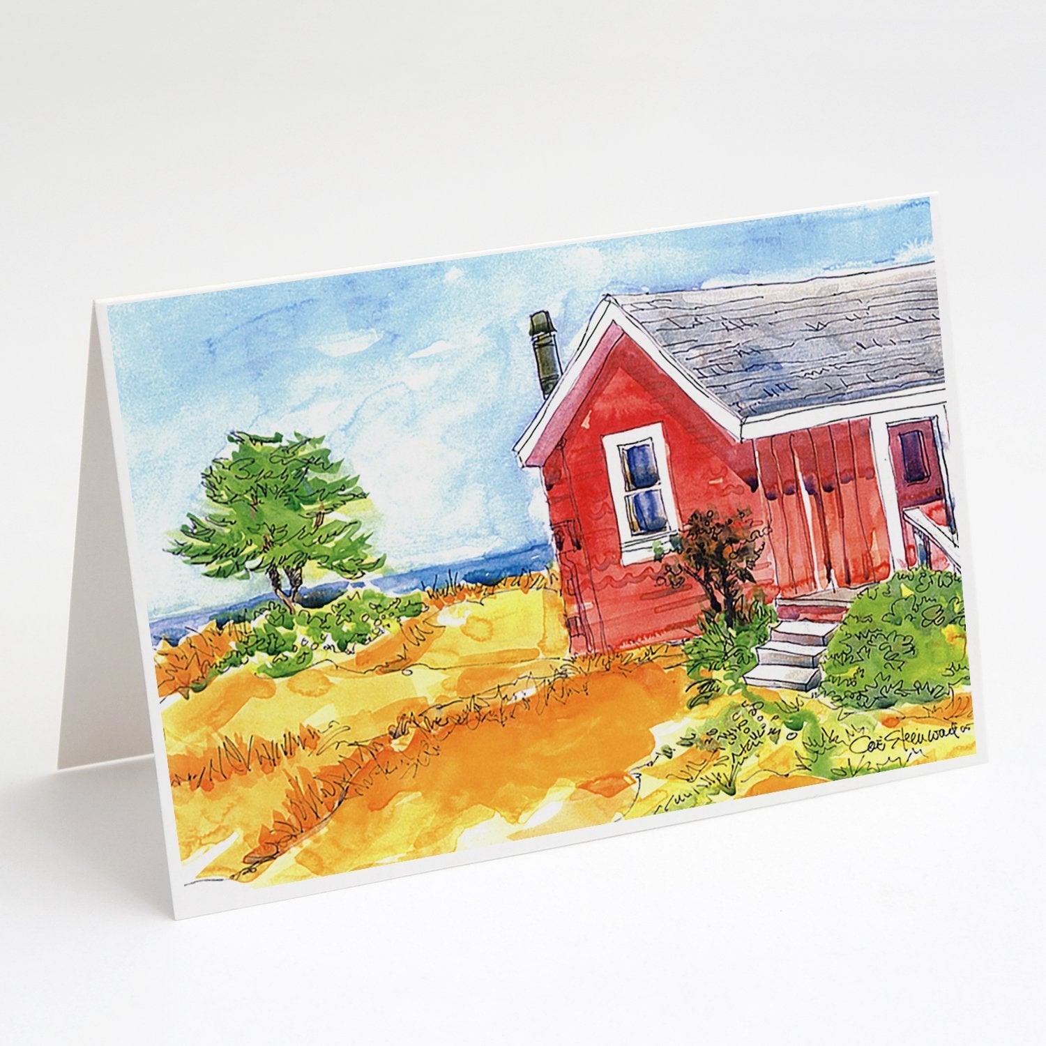 Old Red Cottage House at the lake or Beach Greeting Cards Pack of 8 Blank Cards with Envelopes Whimsical A7 Size 5x7