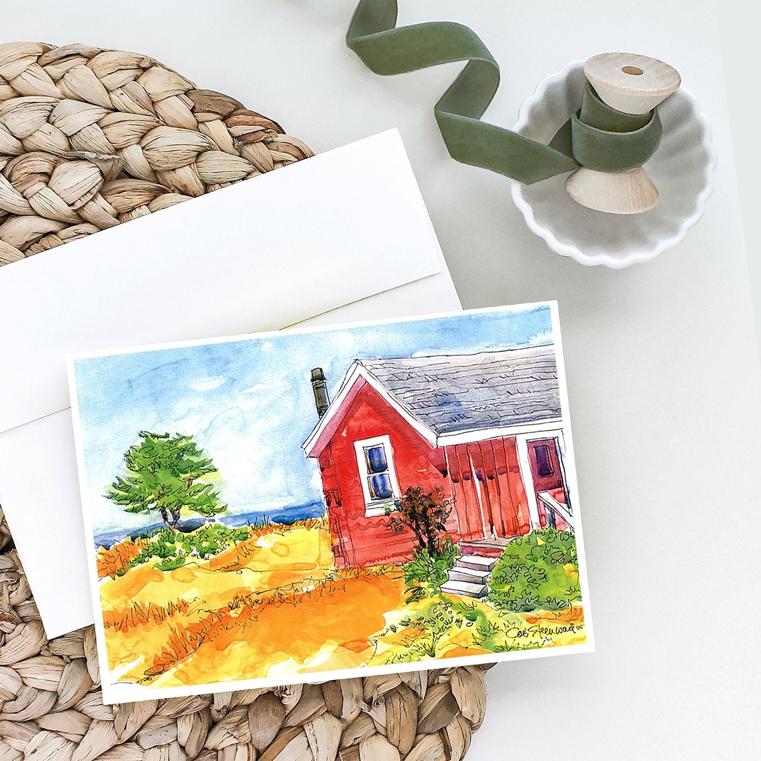 Old Red Cottage House at the lake or Beach Greeting Cards Pack of 8 Blank Cards with Envelopes Whimsical A7 Size 5x7