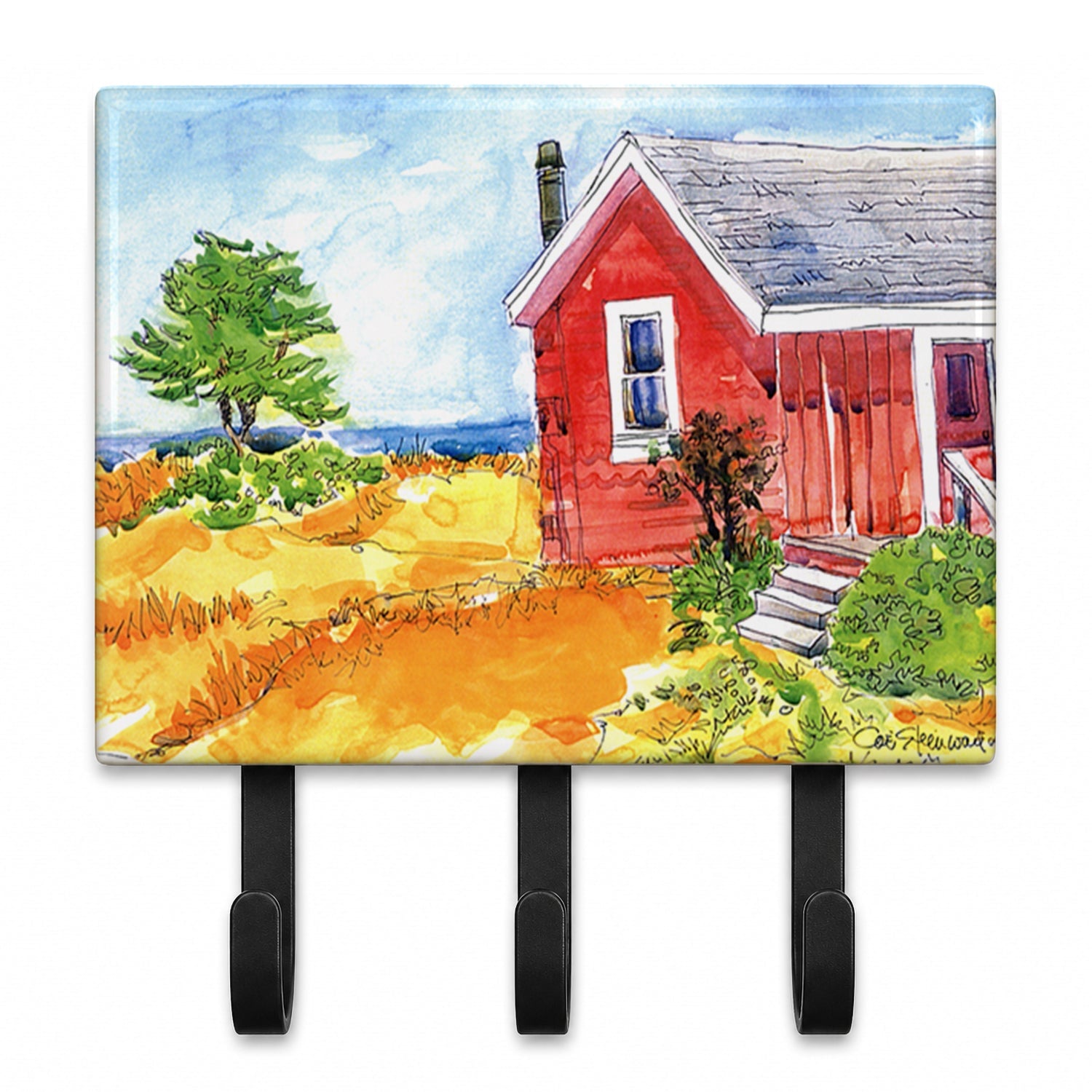 Old Red Cottage House at the lake or Beach Leash or Key Holder Wall Hooks, Coat Rack Wall Mount, for Hanging Keys, Towels, Aprons, Leashes