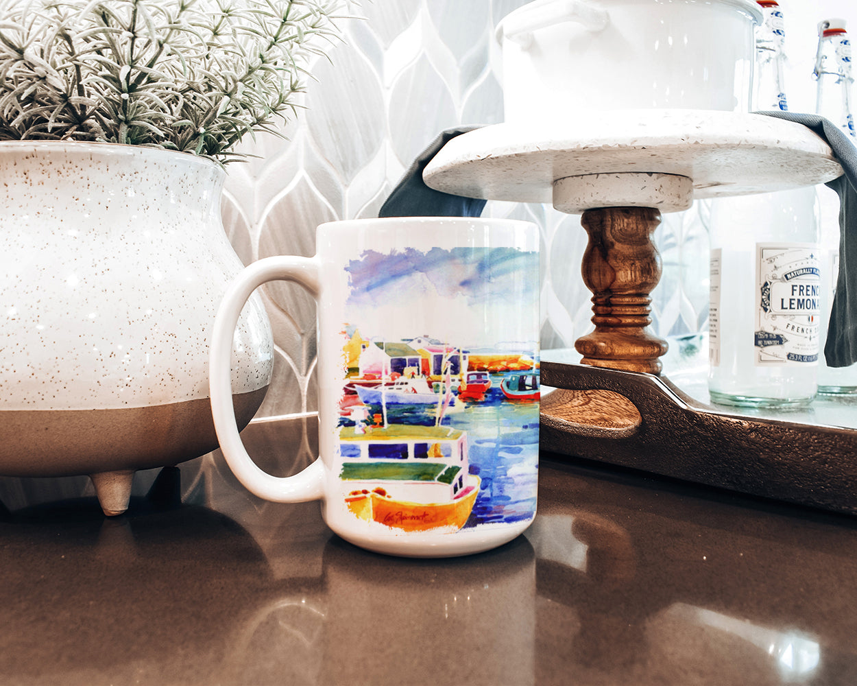 Boats at Harbour with a view Ceramic Coffee Mug 15 oz Decorative Large C Handle Mug Cup for Tea, Cocoa Hot Chocolate