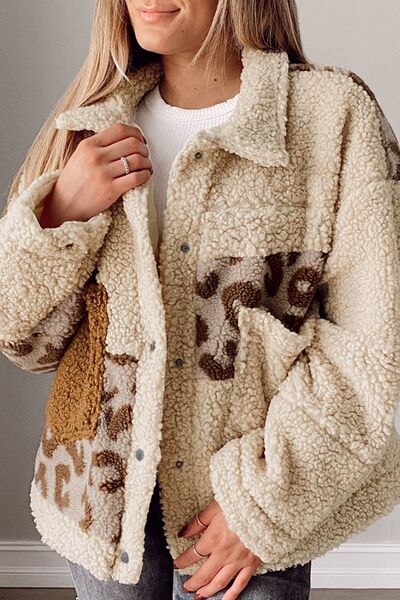 Comfortable Leopard Print Sherpa Jacket with Collared Neck And Functional Pockets Soft Women Jacket
