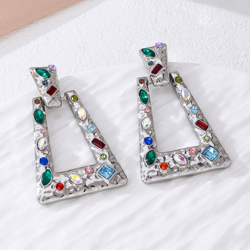 Luxury Exaggerated Geometric Drop Earrings For Women, Vintage High-End Statement Earrings With Multicolor Rhinestones