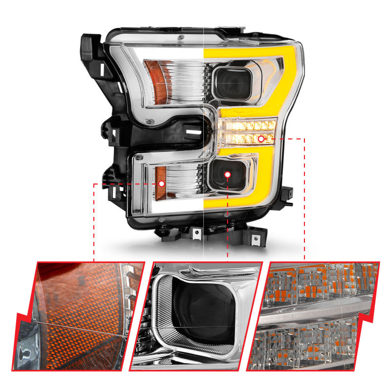 ANZO 15-17 Ford F-150 LED Projector Headlights - w/ Light Bar Switchback Chrome Housing 111548