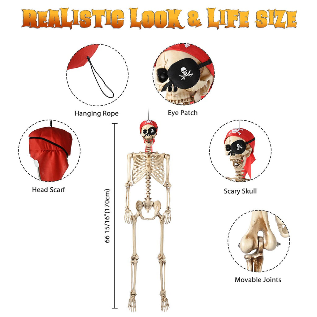 Yescom 5.6ft Skeleton Posable Halloween Decoration with Pirate, Cowboy, Day of Dead Costume