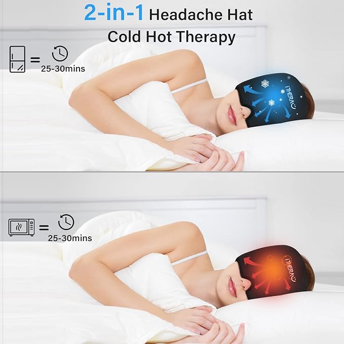 iTHERAU Migraine Ice Head Wrap, Headache Relief Hat & Migraine Cap Cold Compress, Migraine Relief Cap for Headache Eyes Mask for Puffy Eyes, Tension, Sinus & Stress Relief (2Packs)