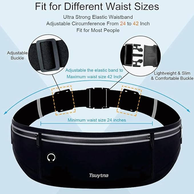 Running Belt for Women & Men - Slim Phone running belt with Water-Resistant Phone Holder, 3 pockets Adjustable Waist Strap, Reflective Safety Design for Running, Hiking, Travel，Fitness(Black)