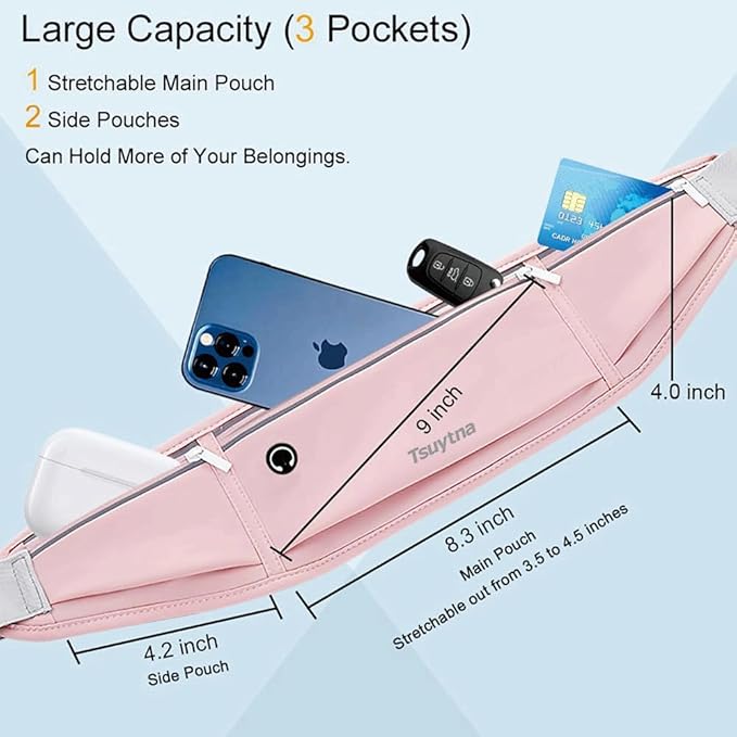 Running Belt for Women & Men - Slim Phone running belt with Water-Resistant Phone Holder, 3 pockets Adjustable Waist Strap, Reflective Safety Design for Running, Hiking, Travel，Fitness (Pink)