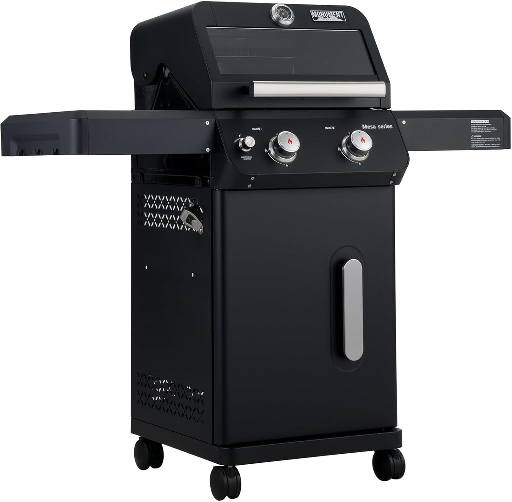 Monument Grills 2-Burner Foldable Stainless Steel Liquid Propane Gas Patio Garden Barbecue Grill with Clearview® Lid, Knob Control Mesa220 with BBQ Cover