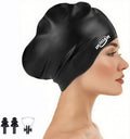 Large Thick Hair Swim Cap with Extra Room for Women Men, Premium Silicone Swimming Cap for Long Hair with Ear Plugs Nose Clip Set, Adult Waterproof Swim Hats Bathing Caps to Keep Hair Dry