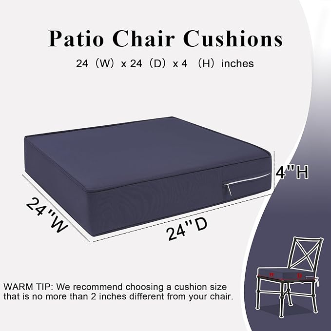 Outdoor Chair Cushions Set of 2 for Patio Furniture 24x24x4 Inch Waterproof Patio Chair Cushion 3 Year Color Fastness Square Elastic Foam Garden Sofa Couch Pads with Ties and Handle,Grey
