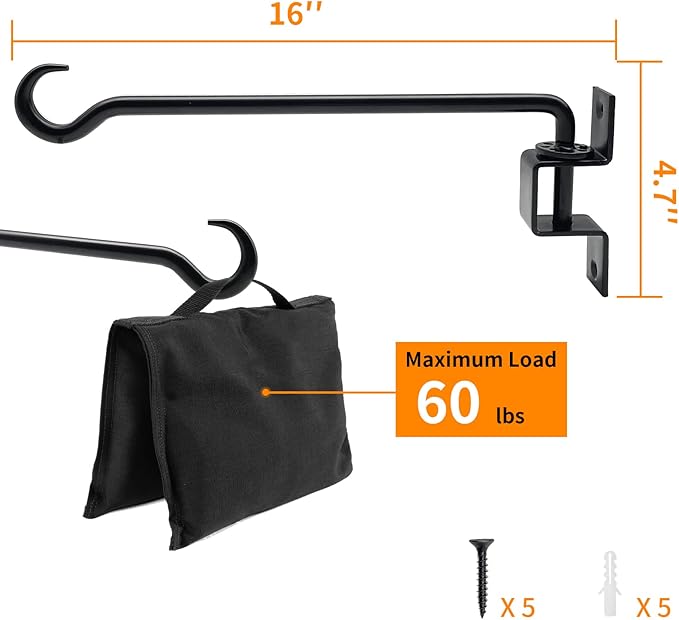 16 inch 2 Pack Swivel Plant Hangers Outdoor Heavy Duty - Black Iron Plant Hanging Hook Bracket for Flowers Baskets Pots Bird Feeder Lanterns Wind Chimes