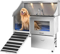 polimo Dog Washing Station, LED Professional Stainless Steel Dog Bathing Station 50", Dog Grooming Tub for Large, Medium & Small Dog - with Window, Ramp, Drawer, Floor Grate & Faucet (Left RAMP, 50")